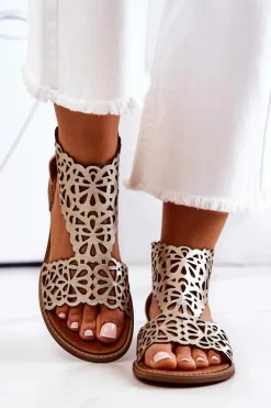 Sale Skórzane Ażurowe Sandały Lewski 2699/2 Złote Damskie Sandały Ażurowe|Sandały Płaskie