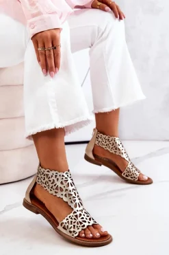 Sale Skórzane Ażurowe Sandały Lewski 2699/2 Złote Damskie Sandały Ażurowe|Sandały Płaskie