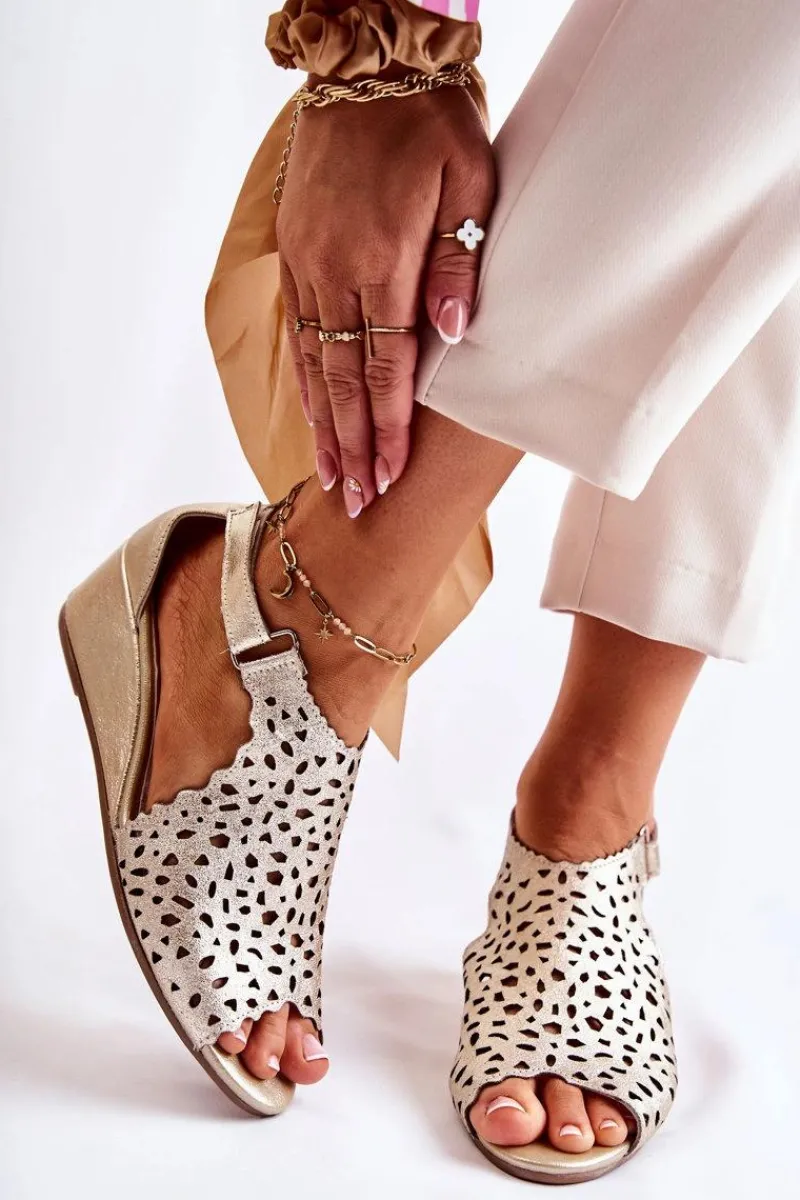 Sandały Ażurowe|Sandały Na Koturnie>Boto Skórzane Ażurowe Sandały Na Koturnie Złote Sellena