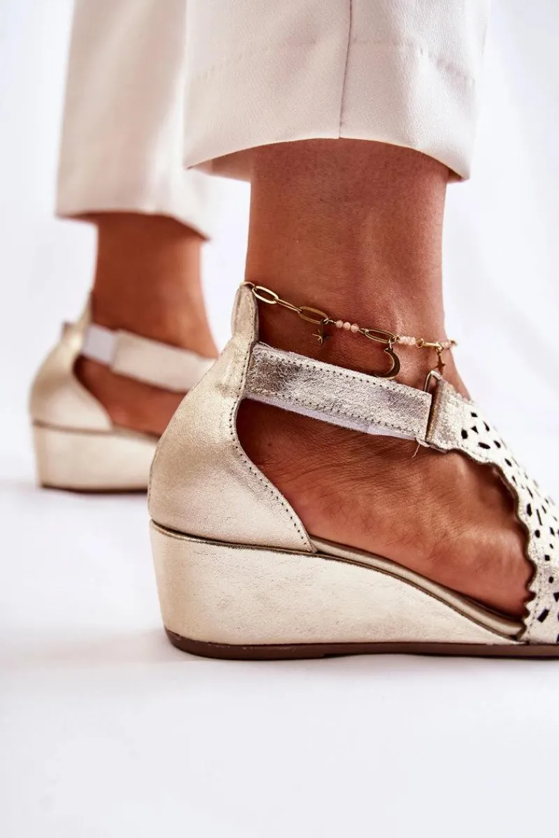 Sandały Ażurowe|Sandały Na Koturnie>Boto Skórzane Ażurowe Sandały Na Koturnie Złote Sellena