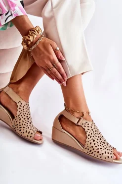 Online Skórzane Ażurowe Sandały Na Koturnie Beżowe Sellena Damskie Sandały Ażurowe|Sandały Na Koturnie