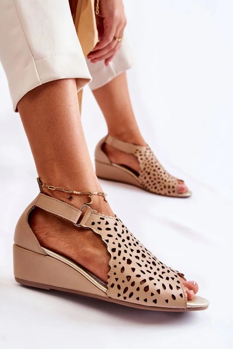 Online Skórzane Ażurowe Sandały Na Koturnie Beżowe Sellena Damskie Sandały Ażurowe|Sandały Na Koturnie