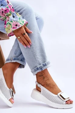 Sale Skórzane Ażurowe Sandały S.Barski BN291 Białe Damskie Sandały Ażurowe|Sandały Na Obcasie