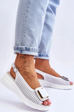 Sale Skórzane Ażurowe Sandały S.Barski BN291 Białe Damskie Sandały Ażurowe|Sandały Na Obcasie