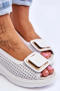 Sale Skórzane Ażurowe Sandały S.Barski BN291 Białe Damskie Sandały Ażurowe|Sandały Na Obcasie