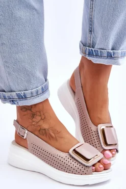 Online Damskie buty S.Barski Skórzane Ażurowe Sandały S.Barski BN291 Różowe