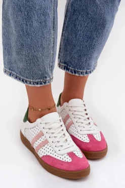 Online Zazoo Skórzane Ażurowe Sneakersy Damskie N1318 Biało-Różowe