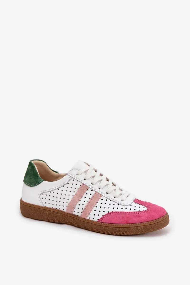 Online Zazoo Skórzane Ażurowe Sneakersy Damskie N1318 Biało-Różowe