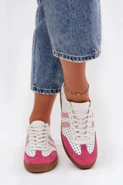 Online Zazoo Skórzane Ażurowe Sneakersy Damskie N1318 Biało-Różowe