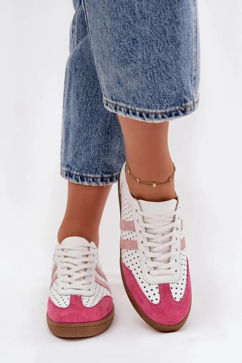 Online Zazoo Skórzane Ażurowe Sneakersy Damskie N1318 Biało-Różowe