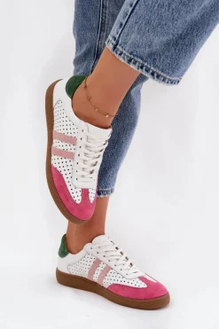 Online Zazoo Skórzane Ażurowe Sneakersy Damskie N1318 Biało-Różowe