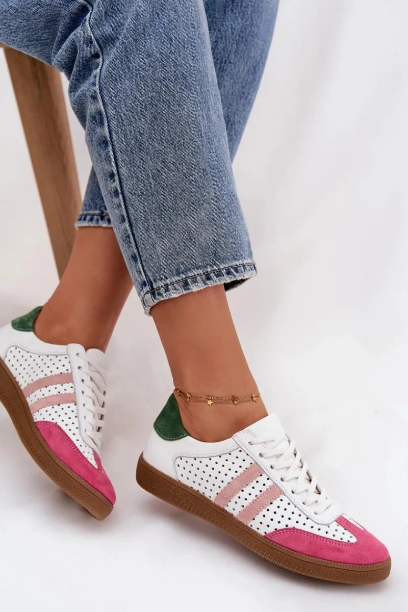 Online Zazoo Skórzane Ażurowe Sneakersy Damskie N1318 Biało-Różowe