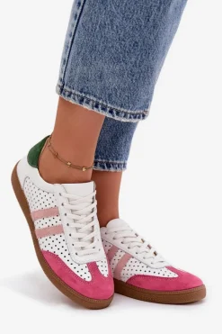 Online Zazoo Skórzane Ażurowe Sneakersy Damskie N1318 Biało-Różowe