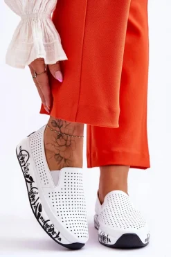 Clearance Damskie buty S.Barski Skórzane Ażurowe Wsuwane Tenisówki Slip-On Białe Gedra