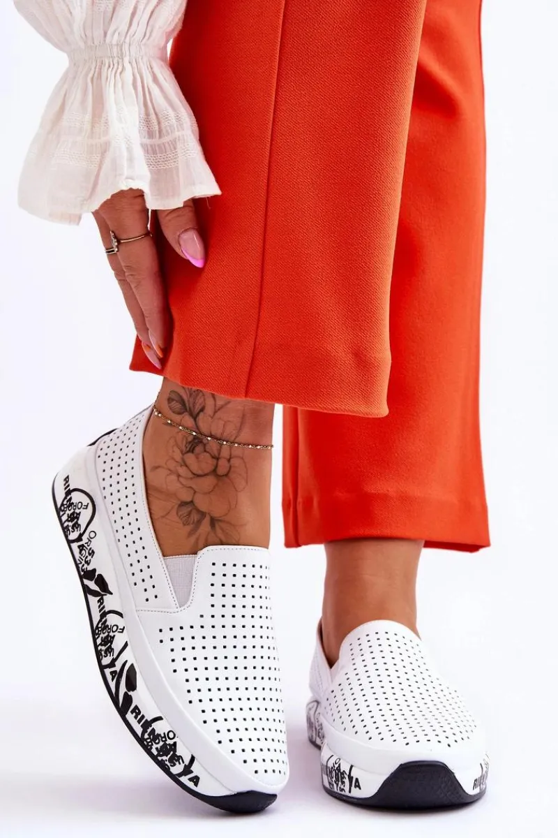 Clearance Damskie buty S.Barski Skórzane Ażurowe Wsuwane Tenisówki Slip-On Białe Gedra