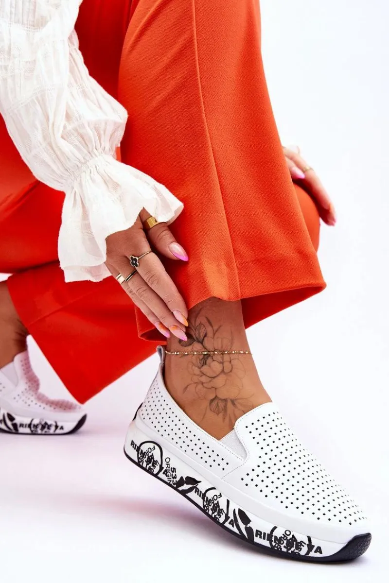 Clearance Damskie buty S.Barski Skórzane Ażurowe Wsuwane Tenisówki Slip-On Białe Gedra