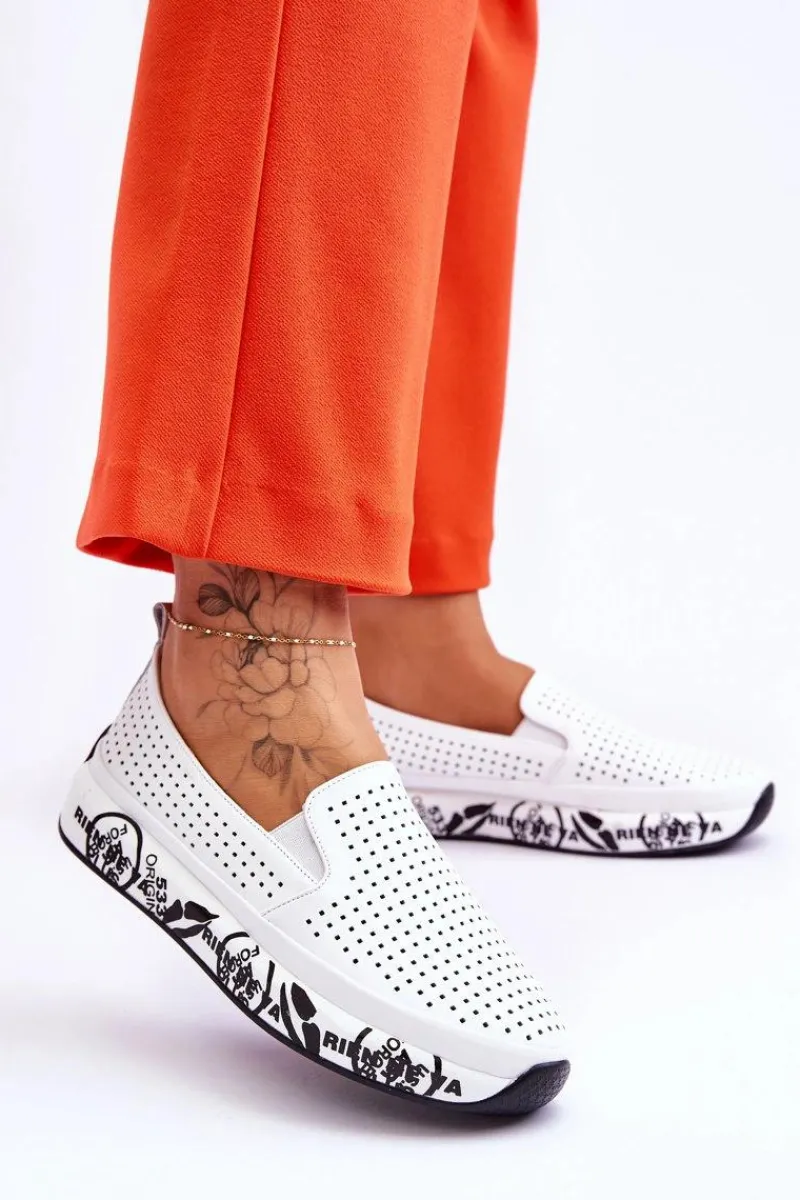 Clearance Damskie buty S.Barski Skórzane Ażurowe Wsuwane Tenisówki Slip-On Białe Gedra