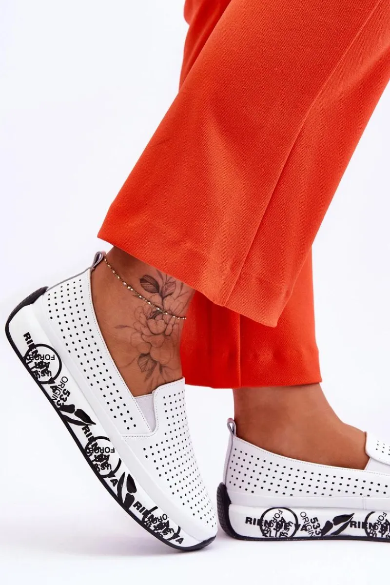 Clearance Damskie buty S.Barski Skórzane Ażurowe Wsuwane Tenisówki Slip-On Białe Gedra