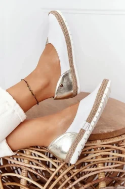 Discount Skórzane Baleriny 05056-11 Biało-Złote Damskie Baleriny Skórzane|Baleriny Klasyczne