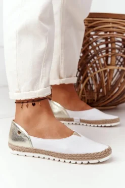 Discount Skórzane Baleriny 05056-11 Biało-Złote Damskie Baleriny Skórzane|Baleriny Klasyczne