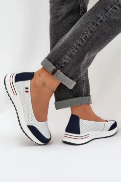 Baleriny Skórzane|Baleriny Klasyczne></noscript>Evento Skórzane Baleriny Na Koturnie Biało-Granatowe Nelviera