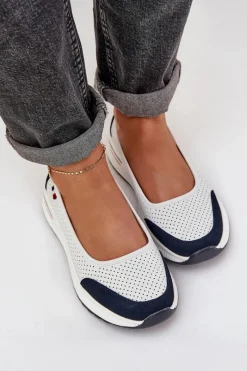 Baleriny Skórzane|Baleriny Klasyczne></noscript>Evento Skórzane Baleriny Na Koturnie Biało-Granatowe Nelviera