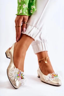 Hot Boto Skórzane Baleriny Na Obcasie Z Ozdobą Złote Elenie