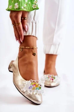 Hot Boto Skórzane Baleriny Na Obcasie Z Ozdobą Złote Elenie