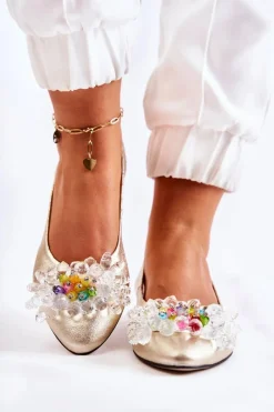 Hot Boto Skórzane Baleriny Na Obcasie Z Ozdobą Złote Elenie