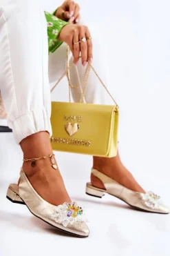 Hot Boto Skórzane Baleriny Na Obcasie Z Ozdobą Złote Elenie