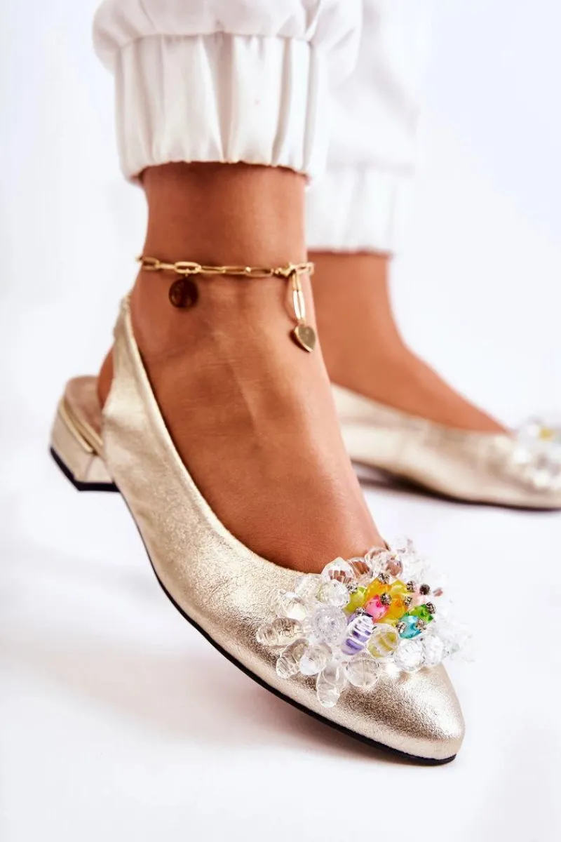 Hot Boto Skórzane Baleriny Na Obcasie Z Ozdobą Złote Elenie