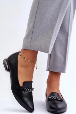 Discount Boto Skórzane Baleriny Na Płaskim Obcasie Z Łańcuchem Czarne Lanez