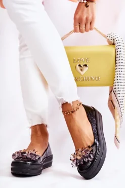 Hot Boto Skórzane Baleriny Na Platformie Z Ozdobą Czarne Beriette