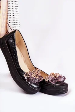 Hot Boto Skórzane Baleriny Na Platformie Z Ozdobą Czarne Beriette