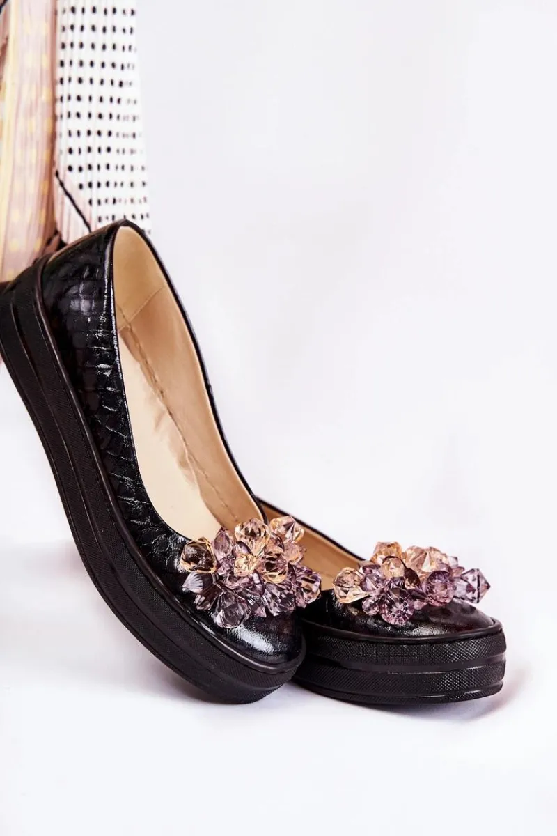 Hot Boto Skórzane Baleriny Na Platformie Z Ozdobą Czarne Beriette