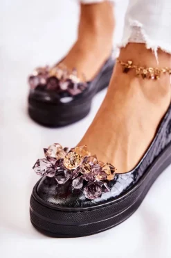 Hot Boto Skórzane Baleriny Na Platformie Z Ozdobą Czarne Beriette