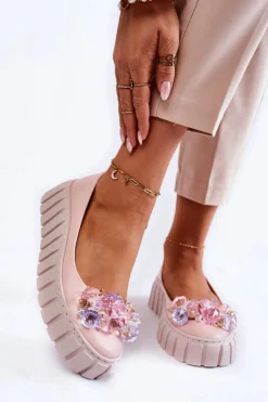 Skórzane Baleriny Na Platformie Z Kolorową Ozdobą Różowe Ladette Damskie Baleriny Skórzane|Baleriny Klasyczne