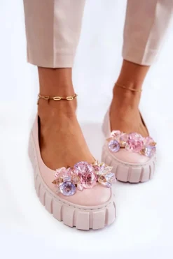 Skórzane Baleriny Na Platformie Z Kolorową Ozdobą Różowe Ladette Damskie Baleriny Skórzane|Baleriny Klasyczne