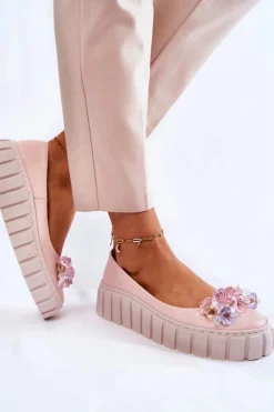 Skórzane Baleriny Na Platformie Z Kolorową Ozdobą Różowe Ladette Damskie Baleriny Skórzane|Baleriny Klasyczne