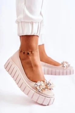 Clearance Boto Skórzane Baleriny Na Platformie Z Ozdobą Beżowe Ladette