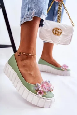 Clearance Boto Skórzane Baleriny Na Platformie Z Kolorową Ozdobą Zielone Ladette