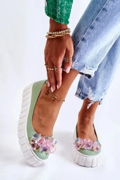 Clearance Boto Skórzane Baleriny Na Platformie Z Kolorową Ozdobą Zielone Ladette