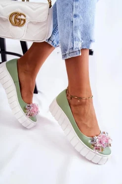 Clearance Boto Skórzane Baleriny Na Platformie Z Kolorową Ozdobą Zielone Ladette