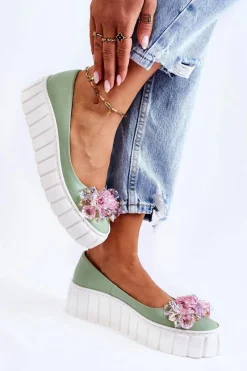 Clearance Boto Skórzane Baleriny Na Platformie Z Kolorową Ozdobą Zielone Ladette