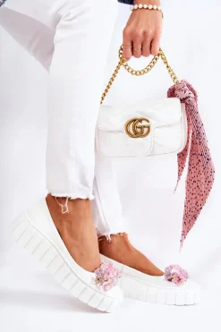 Outlet Boto Skórzane Baleriny Na Platformie Z Kolorową Ozdobą Białe Ladette