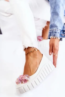 Outlet Boto Skórzane Baleriny Na Platformie Z Kolorową Ozdobą Białe Ladette