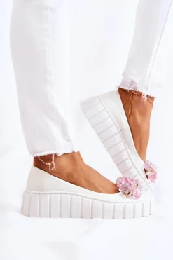 Outlet Boto Skórzane Baleriny Na Platformie Z Kolorową Ozdobą Białe Ladette