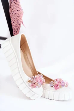 Outlet Boto Skórzane Baleriny Na Platformie Z Kolorową Ozdobą Białe Ladette