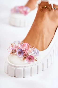 Outlet Boto Skórzane Baleriny Na Platformie Z Kolorową Ozdobą Białe Ladette