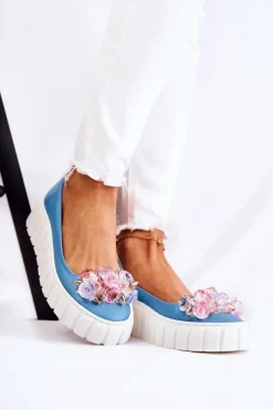 Best Skórzane Baleriny Na Platformie Z Ozdobą Niebiesko-Białe Ladette Damskie Baleriny Skórzane|Baleriny Klasyczne